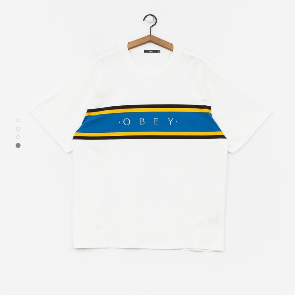 OBEY Blue, Yellow and Black Stripe White T-Shirt